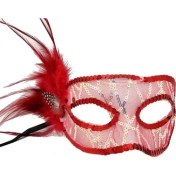 Resim Kırmızı Yandan Tüylü Payetli Parti Maskesi 