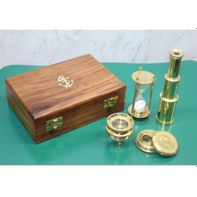 Resim Ahşap Kutulu Dürbün, Kum Saati, Büyüteç, Pusula Seti 