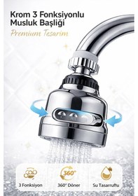 Resim Basınçlı Ve Sıçramasız 3 Modlu 360 Döner Krom Musluk Başlığı Evye Lavabo Ve Çeşme Batarya Ucu 