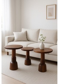 Resim Modern Ahşap Mantar Sehpa 3 Lü Set Fındık Tonlarında Zigon Sehpa Kahverengi 