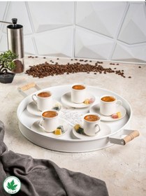 Resim Lin Metal 37cm Yuvarlak Tepsi Ahşap Kulplu Kaktüs Baskılı - Beyaz 