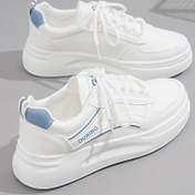 Resim Kadınlar için Hafif Beyaz Kaykay Sneakerları - Mavi Vurgular, Bağcıklı Tasarım, Rahat Kauçuk Taban ve Şık PU Üst Kısım ile Tüm Sezonlar için Günlük Ayakkabılar, Kaykay Ayakkabıları 