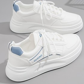 Resim Kadınlar için Hafif Beyaz Kaykay Sneakerları - Mavi Vurgular, Bağcıklı Tasarım, Rahat Kauçuk Taban ve Şık PU Üst Kısım ile Tüm Sezonlar için Günlük Ayakkabılar, Kaykay Ayakkabıları 