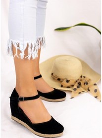 Resim Gerçek Elişi Keten Siyah Espadril Dolgu Topuk Handmade Siyah 