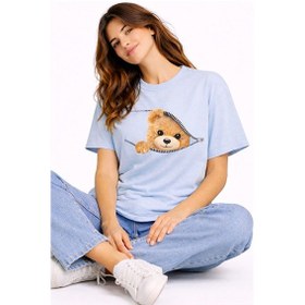 Resim Fermuarlı Ayıcık Baskılı Kadın Tişört Oversize Sevimli Teddy Bear Mavi 