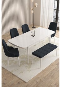 Resim Mazaka Serisi 80x132 Açılabilir Mdf Beyaz Masa Takımı 4 Gri Sandalye 1 Bench Antrasit 