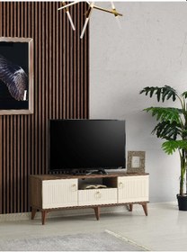 Resim 130 CM MDF MEBRAN KAPAK TV SEHPASI BAROK CEVİZ - KREM 