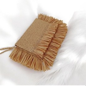 Resim Boho Püsküllü Rafya Çanta El Yapımı Yazlık Hasır Kadın Clutch 