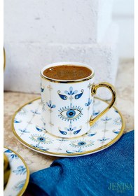 Resim Altın Yaldızlı Nazar Göz Desenli 6 Kişilik Porselen Fincan Takımı 12 Parça Şık Sunum Seti Evil Eye Desenli 