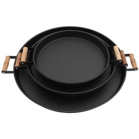 Resim 3 Lü Siyah 45,37,30 Ahşap Kulplu Siyah Metal Tepsi Çay Tepsisi Sunum Tepsi Seti Siyah 