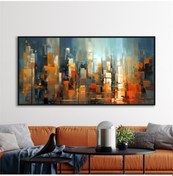 Resim Yağlı Boya Dokulu Tablo Soyut Şehir Manzarası Siyah Çerçeveli U09001-179112 