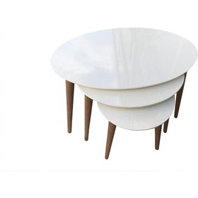 Resim Zigon Sehpa Ahşap Kayın Retro Konik Ayak Model Oval Tabla Renk Beyaz Tabla Ceviz Ayak El Yapım 