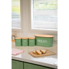 Resim Ahşap Kapaklı Metal Ekmeklik, Çay, Kahve, Şeker 4'lü Set 