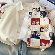 Resim Rahat Yaz Düğmeli Gömlek, Karikatür Anime Baskısı, Kısa Kollu, Esnek Olmayan Dokuma Kumaş, Normal Beden, Yaka Yaka ile - Sevimli ve Şık Çocuk Üstü, Kısa Kollu Üst 