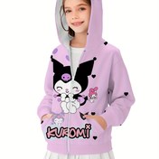Resim Sanrio Kuromi & My Melody Kızlar için Fermuarlı Kapüşonlu Sweatshirt - Pastel Mor Anime Ceket, Kuromi Yüz Desenli, Dayanıklı Kışlık Üst Giyim, Sanrio Hayranları İçin Makinede Yıkanabilir, Çocuklar için Günlük Kullanım ve Hediye 