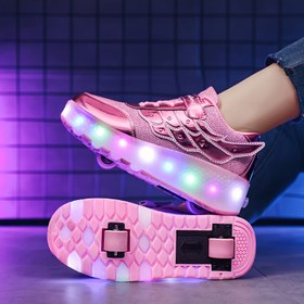 Resim Kızlar için Ayarlanabilir Kayışlı LED Işıklı Paten Spor Ayakkabı - Nefes Alabilen Sokak Stili, Pembe & Beyaz PU Üst ve TPR Taban, Tüm Mevsimler İçin Outdoor Spor Ayakkabısı, Aktif Yaşam Tarzı, Şık Tasarım, Genç Patenciler İçin Esnek Spor Ayakkabı 