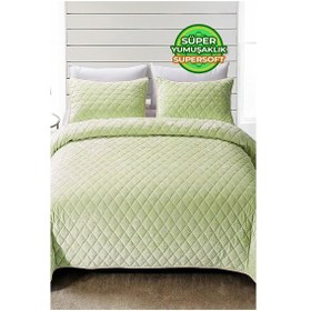 Resim Kapitone Kadife Yatak Örtüsü Seti Çift Kişilik Supersoft 3 Parça Yumuşak Elyaf Dolgulu Yeşil Yeşil 