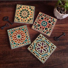Resim Etnik Desen Taş Bardak Altlığı Seti - 4 Parça - Dekoratif, Rustik Mutfak Aksesuarı, 10x10 cm, Kaydırmaz Tabanlı, Şık ve Dayanıklı SC144 