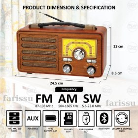 Resim 212 Farissu Büyük Boy Gerçek Ahşap Eskitme Görünümlü Çok Fonksiyonlu Retro Radyo | Müzik Sistemli Şarjlı Radyo 