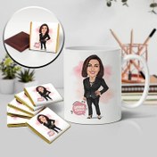 Resim Siyah Takım Elbiseli Kadın Karikatürlü Kupa ve Çikolata 