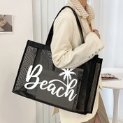 Resim Nem geçirmez mesh plaj çantası, kokos ağacı harf baskılarıyla büyük kapasiteli, katlanabilir omuz çantası, kadınlar için ideal, plaj, piknik, tatil, okul, iş, kolej için 