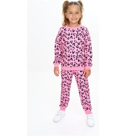 Resim Yumuşak Dokulu 2 İplik Fuşya Pembe Ton Leopar Baskılı Alt Üst Eşofman Takımı Leopar 
