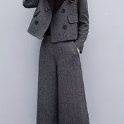 Resim Kadınların Şık İki Parça Seti - Şık Tweed Ceket ve Geniş Bacaklı Pantolon, Düğme Detaylı Rahat Sonbahar/Kış Kıyafeti, Kahverengi ve Beyaz Renk Bloğu Tasarımı, Rahat Kıyafet|Şık İki Parça Seti|Düğme Detaylı Ceket 