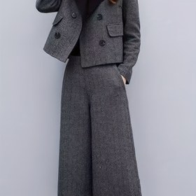 Resim Kadınların Şık İki Parça Seti - Şık Tweed Ceket ve Geniş Bacaklı Pantolon, Düğme Detaylı Rahat Sonbahar/Kış Kıyafeti, Kahverengi ve Beyaz Renk Bloğu Tasarımı, Rahat Kıyafet|Şık İki Parça Seti|Düğme Detaylı Ceket 