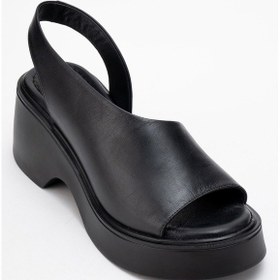 Resim Luvishoes Roy Siyah Cilt Hakiki Deri Kadın Dolgu Topuklu Sandalet Siyah Deri 