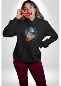 Resim Sevimli Bebek Ejderha Elmas Yumurta Kadın Erkek Siyah Kapüşonlu Sweatshirt Hoodie Siyah 