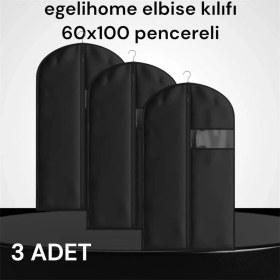 Resim 3'lü Siyah Şeffaf Pencereli Takım Elbise Kılıfı 60X102, Fermuarlı, Hafif ve Kaliteli 