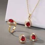 Resim Vintage Şık 18K Altın Kaplama Takı Seti, Taşlı Zinc Alaşım Gözyaşı Küpeler, Kolye ve Yüzük - Günlük Kullanım ve Özel Günler İçin İdeal 