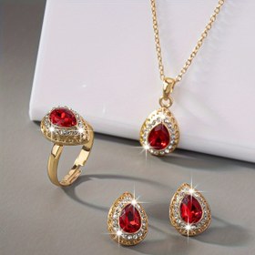 Resim Vintage Şık 18K Altın Kaplama Takı Seti, Taşlı Zinc Alaşım Gözyaşı Küpeler, Kolye ve Yüzük - Günlük Kullanım ve Özel Günler İçin İdeal 