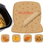 Resim 50/100 adet Kare Kağıt Astarlar Hava Fritözü, Fırın & Buharlı Pişirici için - Tek Kullanımlık Yapışmaz Gıda Güvenli Pişirme Matları, Kolay Temizlik için Delikli Tasarım, Bej, Hava Fritözü Astarları 