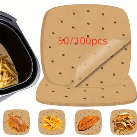 Resim 50/100 adet Kare Kağıt Astarlar Hava Fritözü, Fırın & Buharlı Pişirici için - Tek Kullanımlık Yapışmaz Gıda Güvenli Pişirme Matları, Kolay Temizlik için Delikli Tasarım, Bej, Hava Fritözü Astarları 