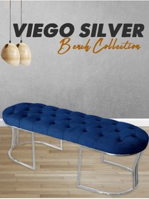 Resim Gazzini furniture Viego Silver Puf Lüks Metal Gümüş Ayak, Chester Model Yatak Ucu Mavi Bench 