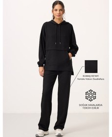 Resim Siyah Yumuşak Dokulu Kapüşonlu Oversize Kadın Eşofman Tunik Takım - 95348 Siyah 