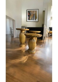 Resim Simillo Wood Wooden Ahşap 3 Lü Set Mantar Yan Sehpa Modern Koyu Ceviz Renkli Fiskos Kahverengi 