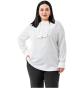 Resim Büyük Beden Yakası Tek Kat Volanlı Manşetli Beyaz Bluz Beyaz 