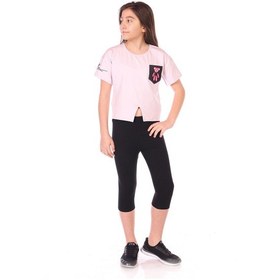 Resim Toontoy Kids Toontoy Kız Çocuk 2'li Takım Baskılı Bisiklet Yaka T-shirt & Beli Lastikli Crop Tayt - Yırtmaç Detaylı Açık Lila 