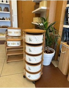 Resim Ahşap Yuvarlak Zeytin Sebzelik 5 Katlı Yana Açılır Patates Soğan Tekerlekli Sebzelik Beyaz 