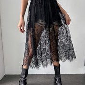Resim Hafif Tasarım, Kadınlar için Şeffaf Siyah Dantel Etek - Seksi Yüksek Bel Midi Çiçek Desenli, Polyester, Elde Yıkanabilir, Moda Katmanlama|Zarif Görünüm|Narin Kumaş, Sevimli Etekler 