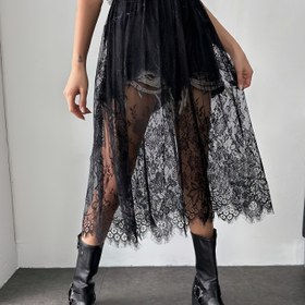 Resim Hafif Tasarım, Kadınlar için Şeffaf Siyah Dantel Etek - Seksi Yüksek Bel Midi Çiçek Desenli, Polyester, Elde Yıkanabilir, Moda Katmanlama|Zarif Görünüm|Narin Kumaş, Sevimli Etekler 