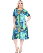 Resim Melsay Butik Yeşil Balık Desen Kısa Kollu Büyük Beden Midi Elbise Yeşil 