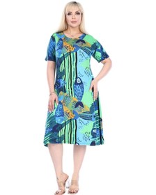 Resim Melsay Butik Yeşil Balık Desen Kısa Kollu Büyük Beden Midi Elbise Yeşil 