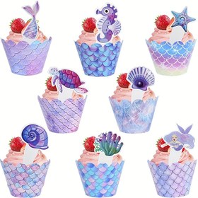 Resim 16 Adet Denizkızı Parti Cupcake Süsleri - Doğum Günü, Düğün ve Okyanus Temalı Kutlamalar için Fantastik Denizcanlısı Kabuk, Yıldızbalığı & Yunus Dekorasyonları, Denizkızı Parti Süslemeleri 