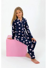 Resim Kız Çocuk Uzun Kollu %100 Pamuklu Düğmeli Pijama Takımı Heartie Indigo 