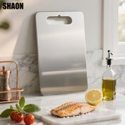 Resim SHAON 1 Adet Paslanmaz Çelik İki Taraflı Kesme Tahtası - Bulaşık Makinesinde Yıkanabilir, Temizlemesi Kolay, Et, Sebzeler & Meyveler için Ergonomik Sap - Ev Aşçıları İçin Dayanıklı Mutfak Gereci, Yiyecek Hazırlama, Şık Metalik Tasarım, Kolay Temizlenebilir Yüzey 