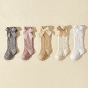 Resim 5 Çift Kız Çocukları için Nefes Alabilir File Diz Üstü Çoraplar Sevimli Fiyonk Detayları ile - Yumuşak Polyester, Sadece Elde Yıkama, İlkbahar/Yaz için Mükemmel - Gri, Pembe, Bej, Beyaz, Sevimli Çoraplar 
