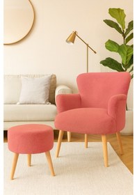 Resim Roma Berjer + Puf Set - Welsoft Yumuşak Kumaş - Ahşap Ayak - Somon Somon 